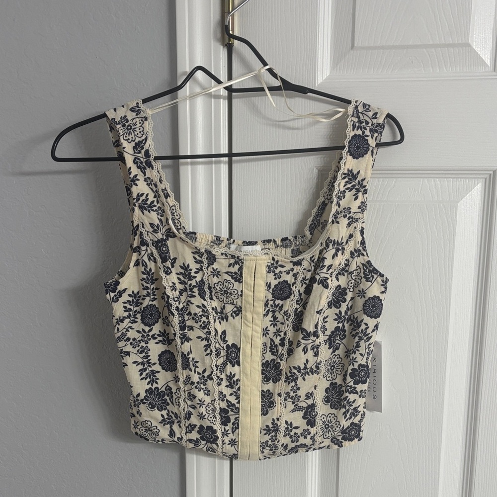 Navy Floral Crop Top with Lace Detail
